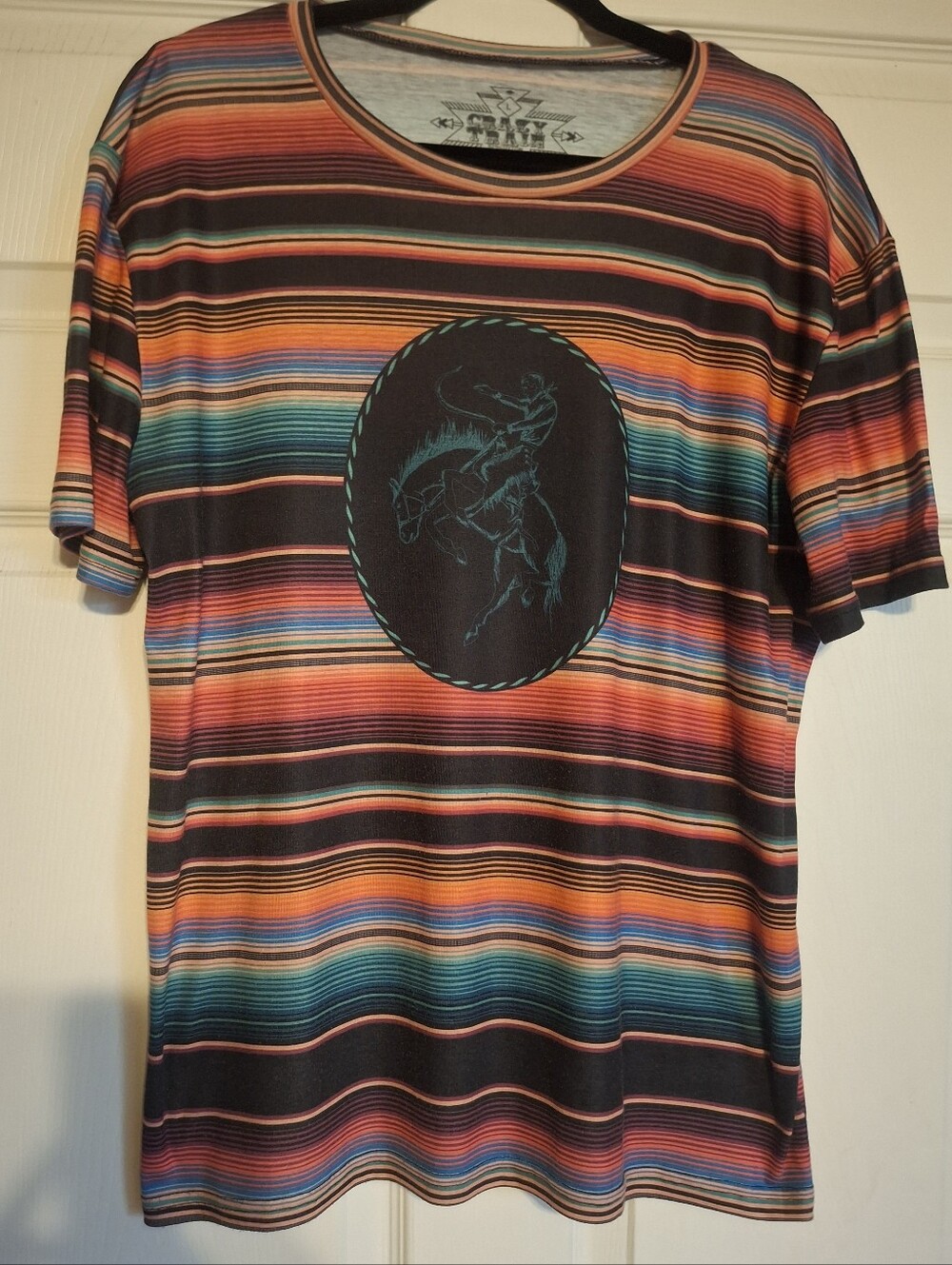 Crazy Train Striped Multicolor Women's T-Shirt with Rodeo Graphic